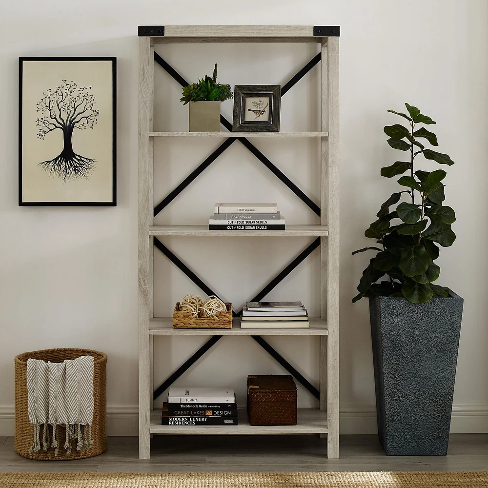 64" Farmhouse Metal X Bookshelf - White Oak