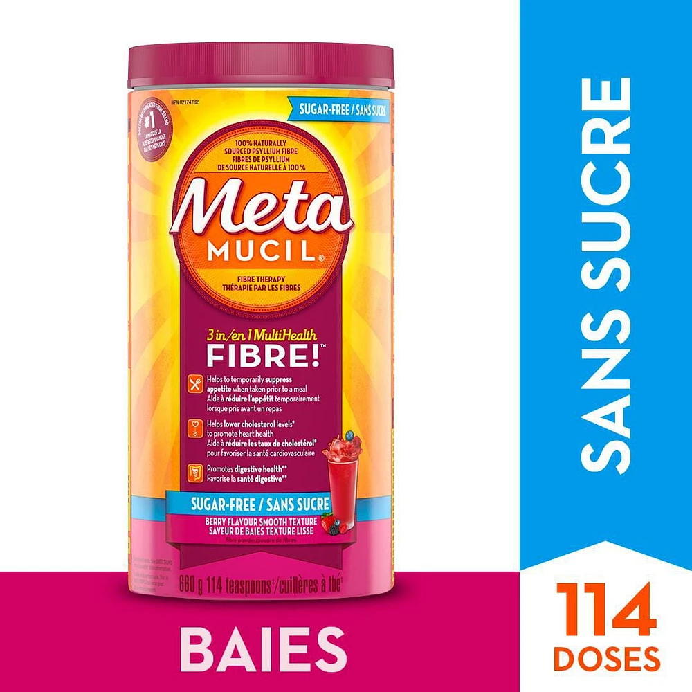 Fibres Metamucil MultiSanté 3 en 1! Supplément de fibres en poudre, sans sucre, saveur de baies 660g