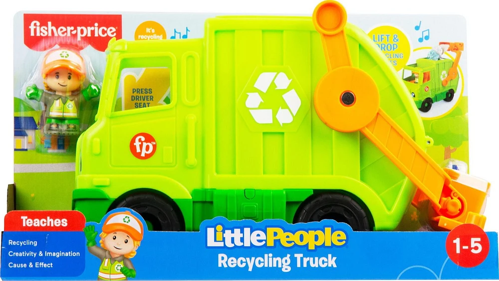 Fisher-Price Little People Recycling Truck Musical Toddler Garbage Toy Set, 5 Pieces