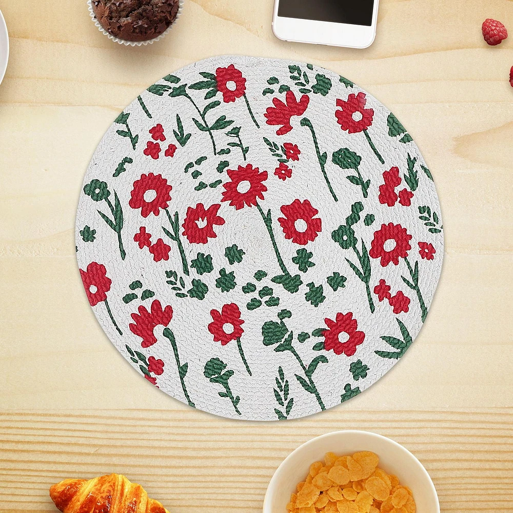 IH Casa Decor Imprimé Rond Cotton Corde Placemat Red Floral - Ensemble De 12