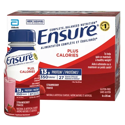 Ensure Plus Calories, Supplément Nutritionnel, Pour Aider À Atteindre Ou À Maintenir Un Poids Santé, Fraise, 6 Bouteilles De 235 mL calories Ensure Plus