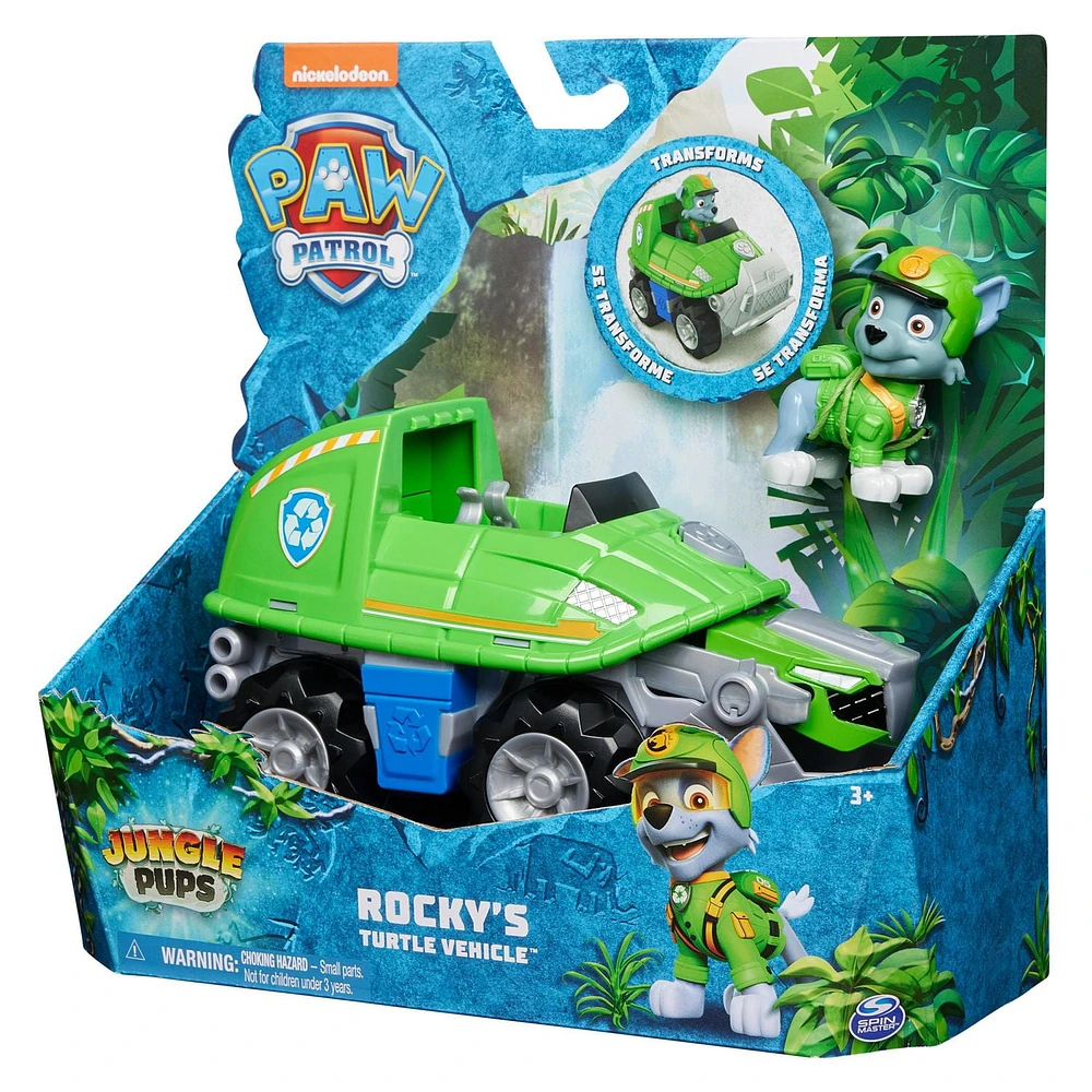 PAW Patrol Jungle Pups, Rocky's Turtle Vehicle, Camion avec figurine à collectionner, jouets pour les garçons et les filles à partir de 3 ans