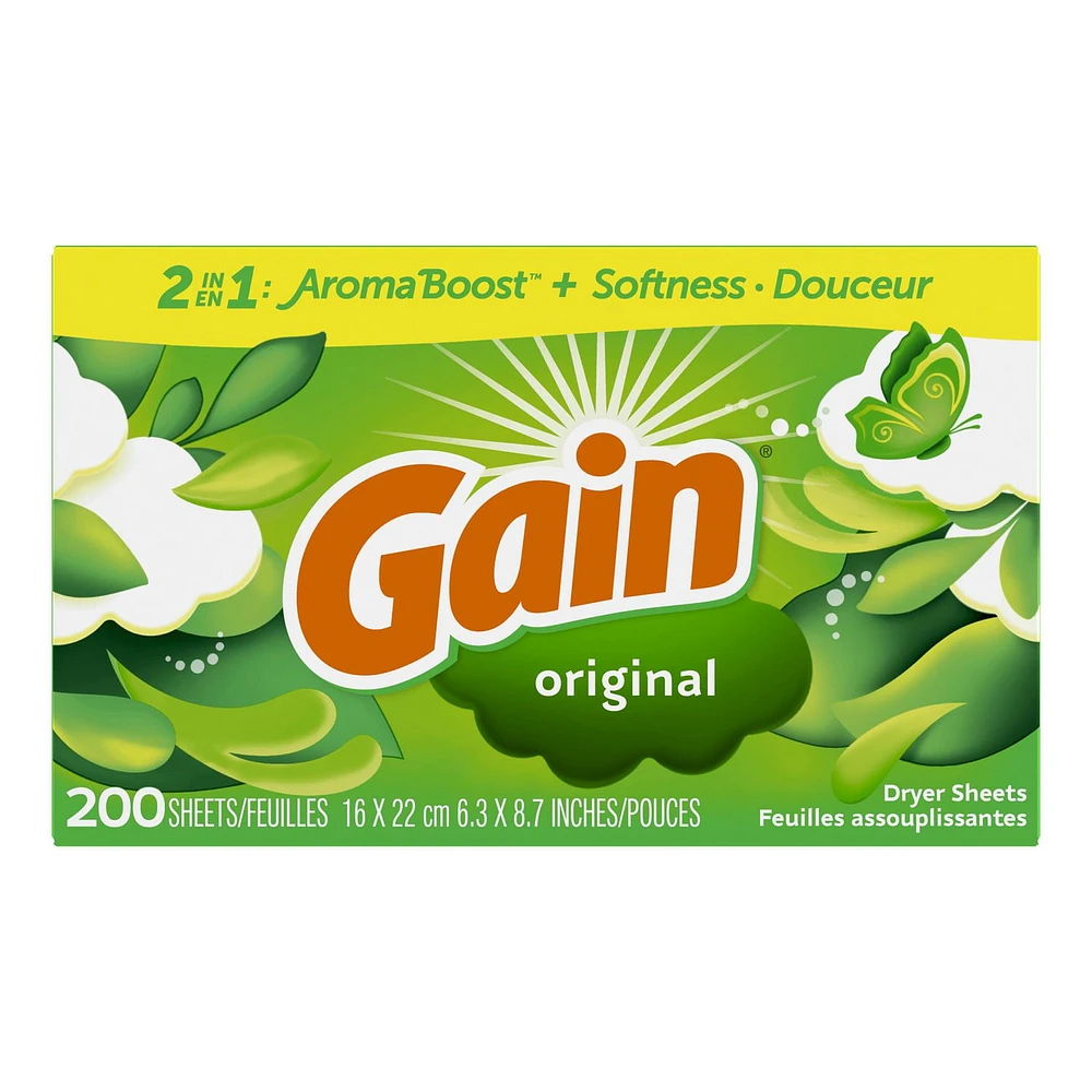 Gain dryer sheets, Original Scent Laundry Fabric Softener Sheets with 2-in-1 Aromaboost Plus Softness, 200 sheets