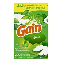 Gain dryer sheets, Original Scent Laundry Fabric Softener Sheets with 2-in-1 Aromaboost Plus Softness, 200 sheets