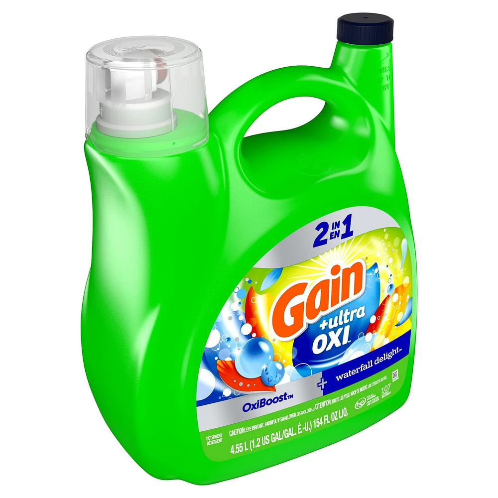 Gain Ultra Oxi Liquid Laundry Detergent, Waterfall Delight Scent, 2-in-1, HE Compatible, 107 loads, 4.55 L