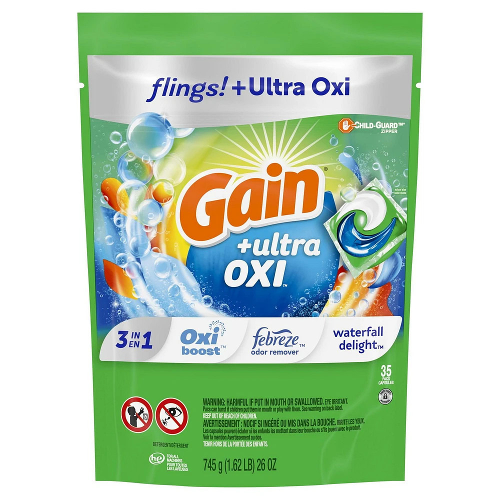 Gain flings Ultra Oxi Laundry Detergent Pacs, Waterfall Delight Scent, 3-in-1, HE Compatible