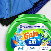 Gain flings Ultra Oxi Laundry Detergent Pacs, Waterfall Delight Scent, 3-in-1, HE Compatible