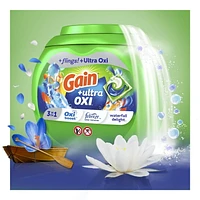 Gain flings Ultra Oxi Laundry Detergent Pacs, Waterfall Delight Scent, 3-in-1, HE Compatible