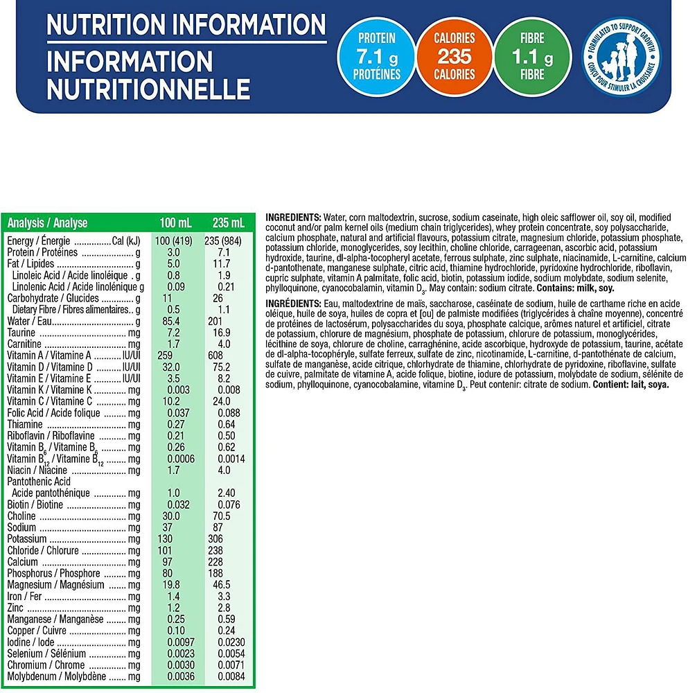 PediaSure® Fibre, Formulated Liquid Diet, Vanilla, 12 count, 2820 mL, 235mL / 12 Ct