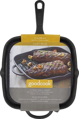 GOODCOOK Pre-Seasoned Cast Iron Grill Pan, 10.75 Inch, Black, Square