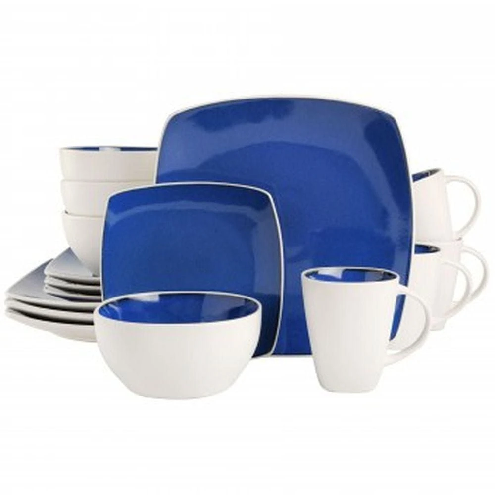 Gibson Elite Soho Lounge Square 16 Piece Dinnerware Set, Blue/ White