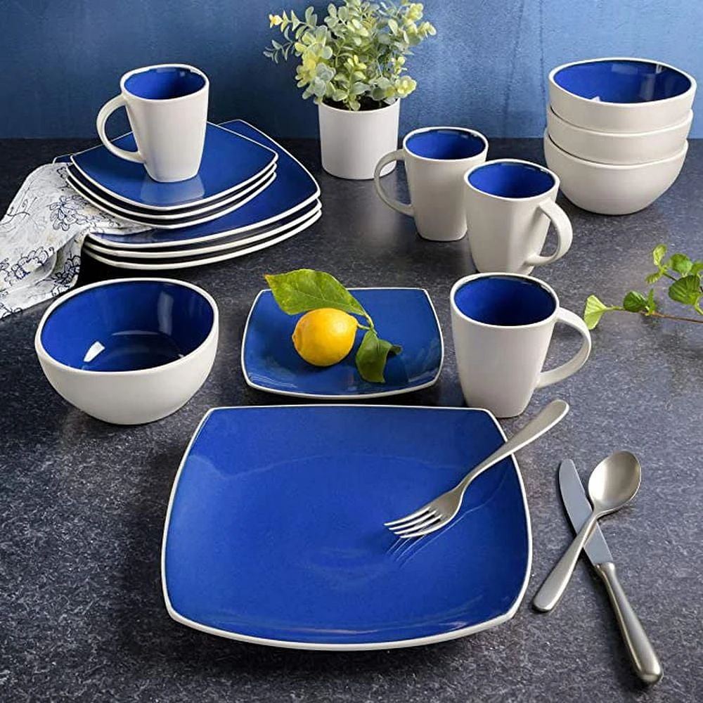 Gibson Elite Soho Lounge Square 16 Piece Dinnerware Set, Blue/ White