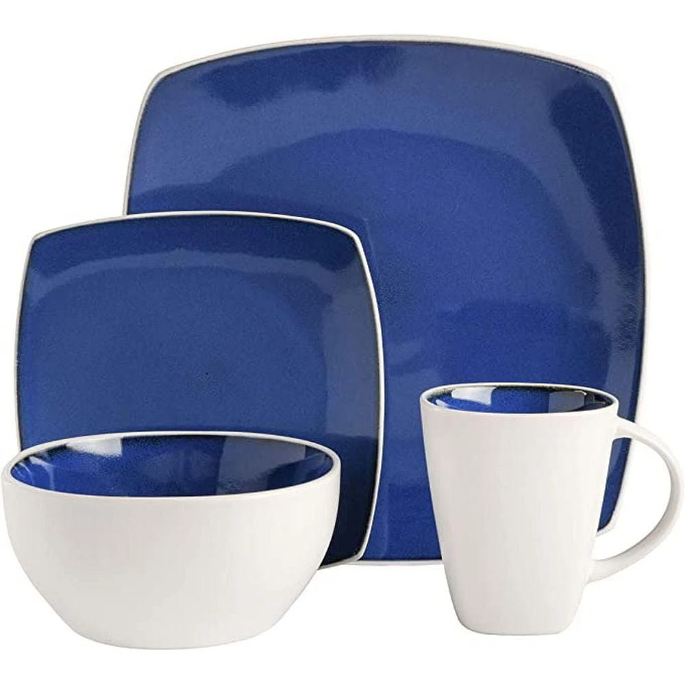 Gibson Elite Soho Lounge Square 16 Piece Dinnerware Set, Blue/ White