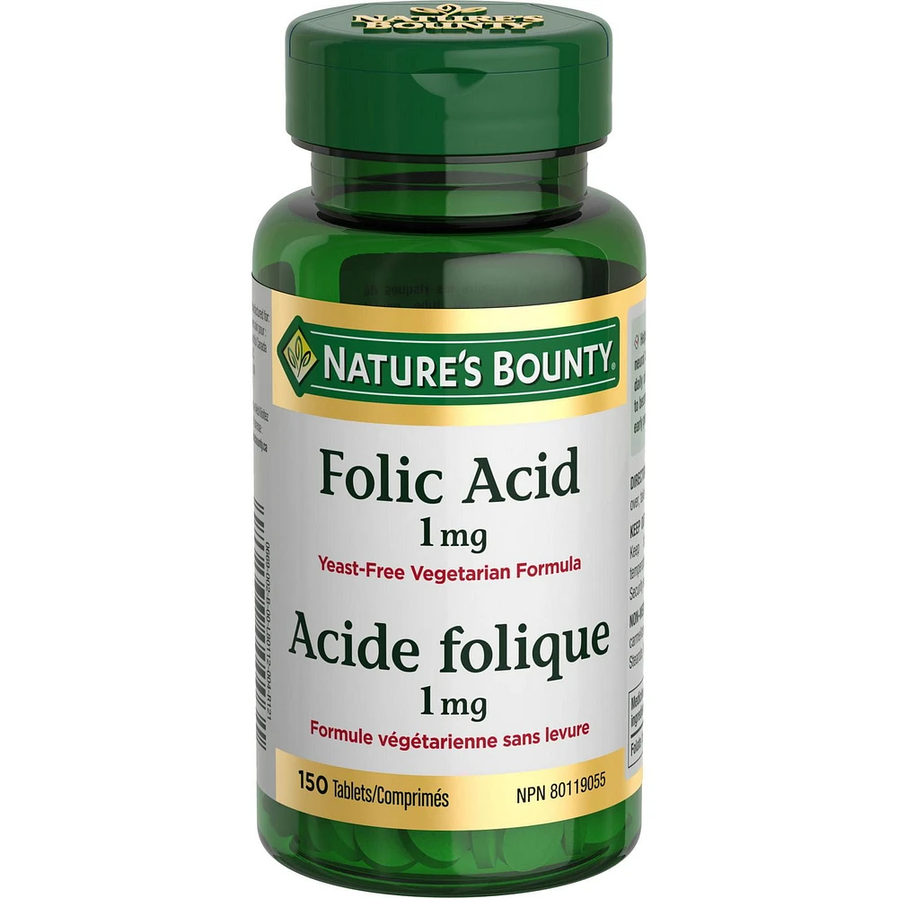 NATURE'S BOUNTY Folic Acid Supplement, 1 mg, Helps Reduce Risk Of Neural Tube Defects, For Women 19 And Older, Yeast-free, Vegetarian, 150 Tablets 150.0 count, 150 Tablets