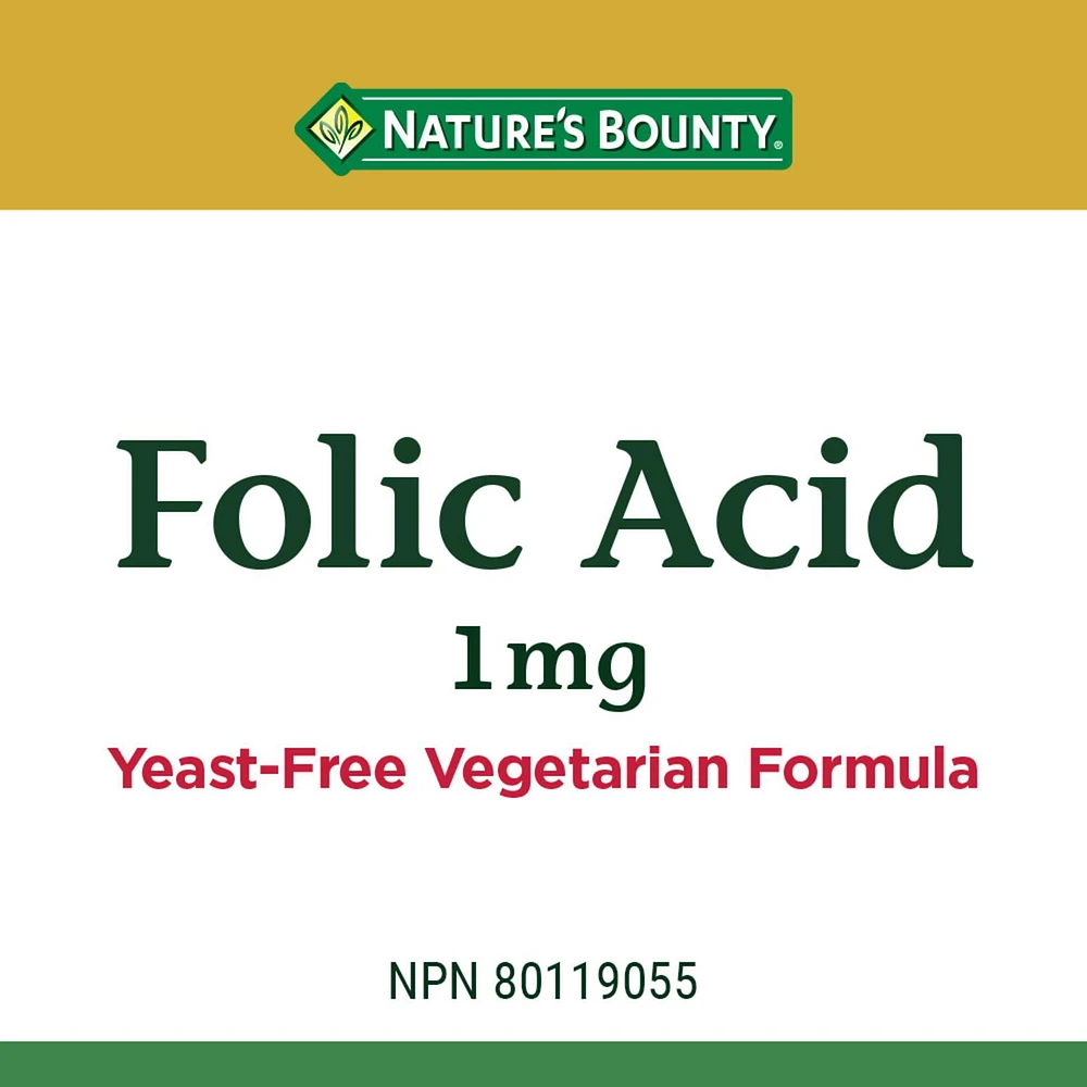 NATURE'S BOUNTY Folic Acid Supplement, 1 mg, Helps Reduce Risk Of Neural Tube Defects, For Women 19 And Older, Yeast-free, Vegetarian, 150 Tablets 150.0 count, 150 Tablets