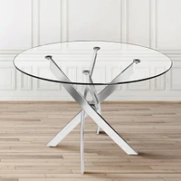 Star Round Glass Dining Table with Metal Star base in Shinny Chrome, Glass Dining Table 48"