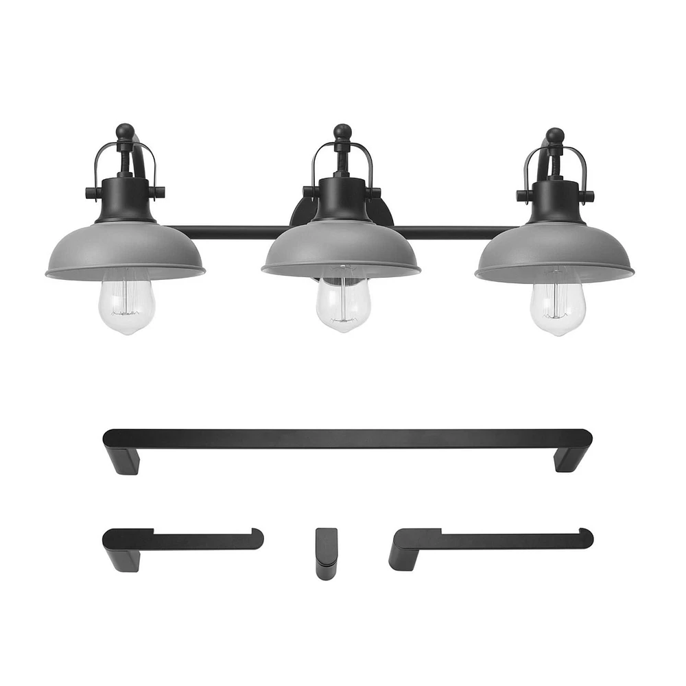 Gladstone 5-Piece All-In-One Bathroom Set, Matte Black, 3-Light Vanity Light with Matte Gray Metal Shades, Towel Bar, Towel Ring, Robe Hook, Toilet Paper Holder