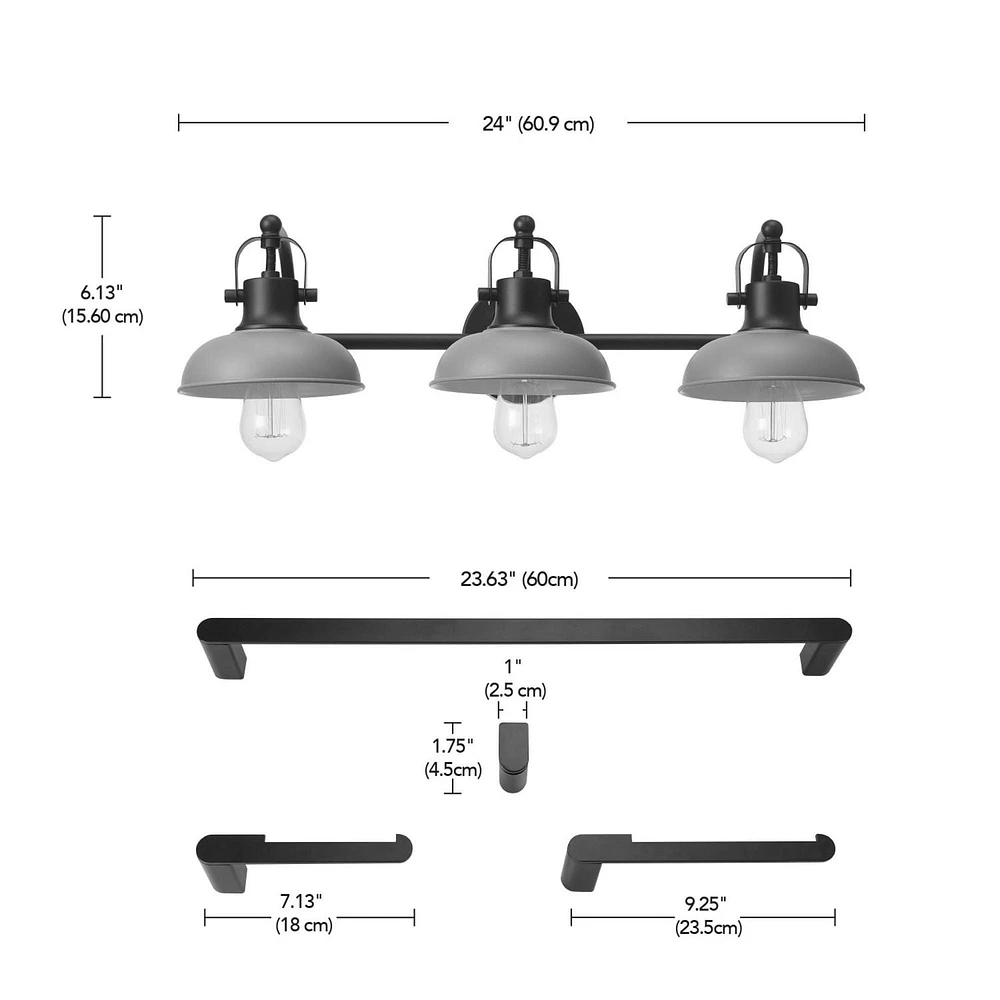 Gladstone 5-Piece All-In-One Bathroom Set, Matte Black, 3-Light Vanity Light with Matte Gray Metal Shades, Towel Bar, Towel Ring, Robe Hook, Toilet Paper Holder