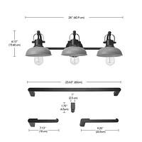 Gladstone 5-Piece All-In-One Bathroom Set, Matte Black, 3-Light Vanity Light with Matte Gray Metal Shades, Towel Bar, Towel Ring, Robe Hook, Toilet Paper Holder