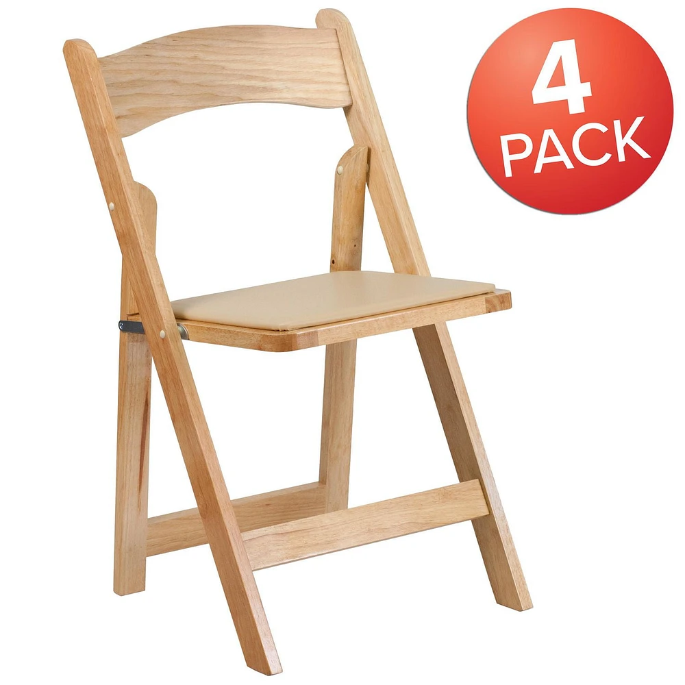 4 Pk. HERCULES Series Natural Wood Folding Chair with Vinyl Padded Seat