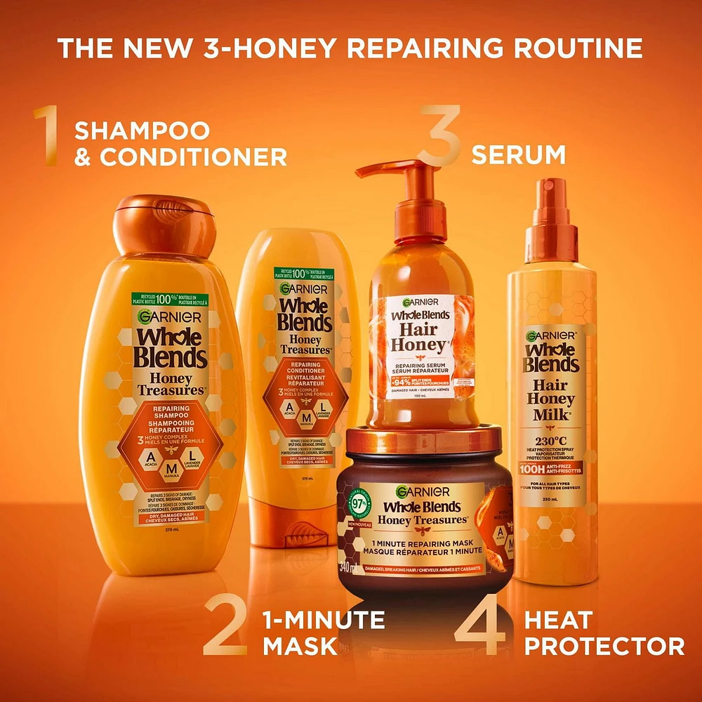 Garnier Whole Blends Honey Treasures Masque pour Cheveux Abîmés, 1 minute d'application, 340ml Masque pour cheveux abîmés