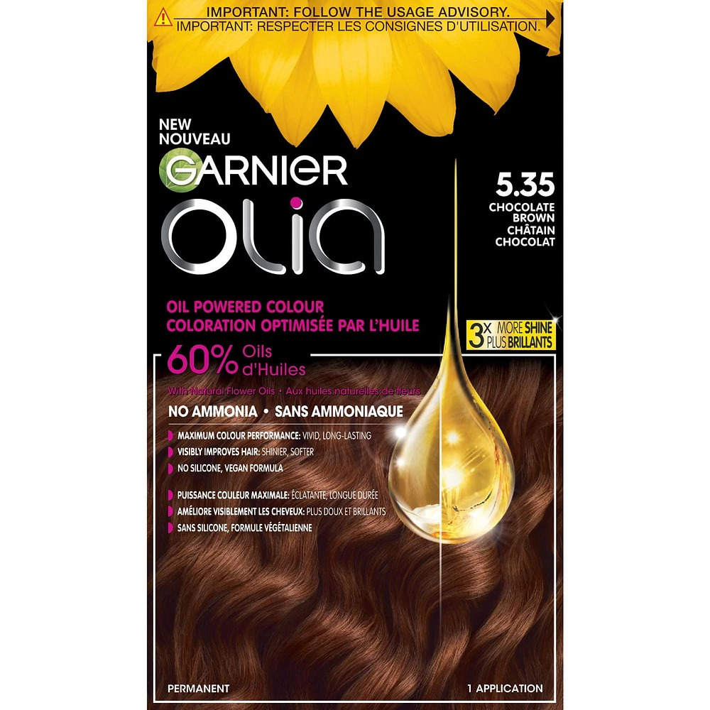 Garnier Olia No Ammonia and Oil Powered Permanent Hair Dye, 5.35 Chocolate Brown, 1 Application, Permanent colour. No ammonia.