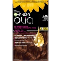 Garnier Olia No Ammonia and Oil Powered Permanent Hair Dye, 5.35 Chocolate Brown, 1 Application, Permanent colour. No ammonia.