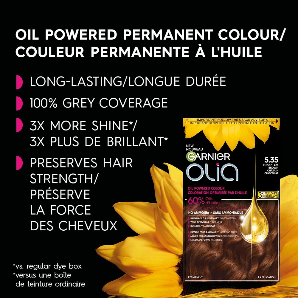 Garnier Olia No Ammonia and Oil Powered Permanent Hair Dye, 5.35 Chocolate Brown, 1 Application, Permanent colour. No ammonia.