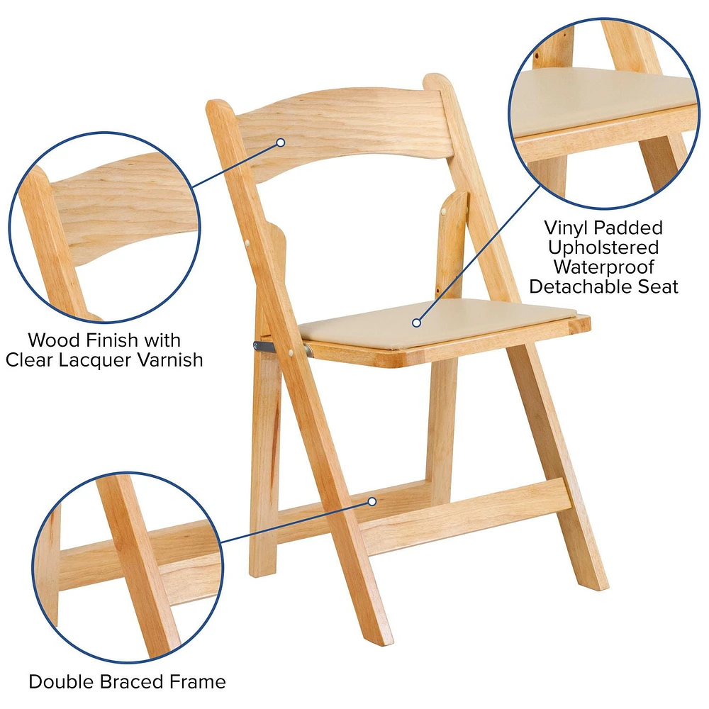 4 Pk. HERCULES Series Natural Wood Folding Chair with Vinyl Padded Seat