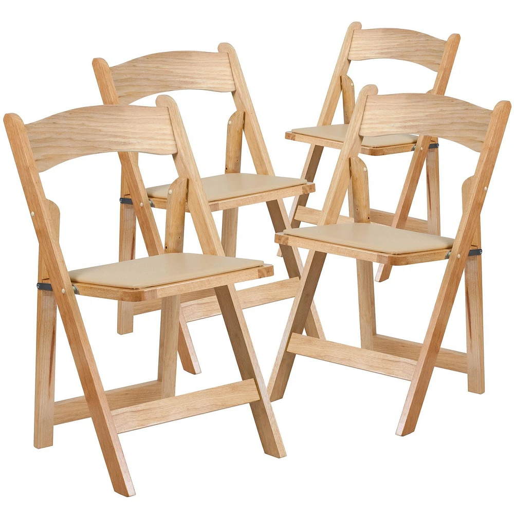 4 Pk. HERCULES Series Natural Wood Folding Chair with Vinyl Padded Seat