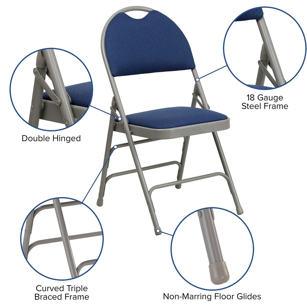 4 Pk. HERCULES Series Ultra-Premium Triple Braced Navy Fabric Metal Folding Chair with Easy-Carry Handle