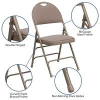 Pk. HERCULES Series Ultra-Premium Triple Braced Beige Fabric Metal Folding Chair with Easy-Carry Handle