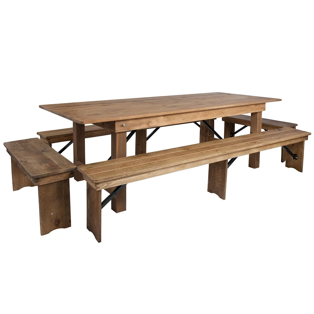 HERCULES Series 8' x 40'' Antique Rustic Folding Farm Table and Four Bench Set