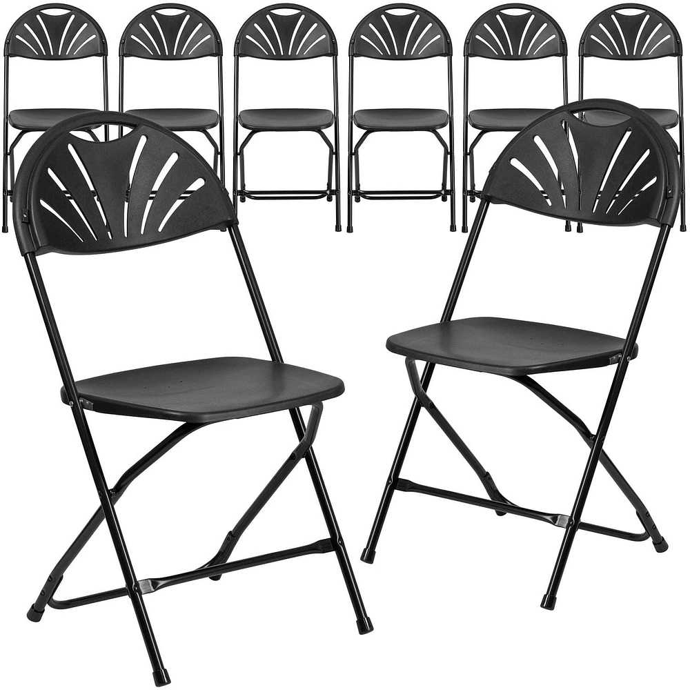 8 Pk. HERCULES Series 650 lb. Capacity Black Plastic Fan Back Folding Chair