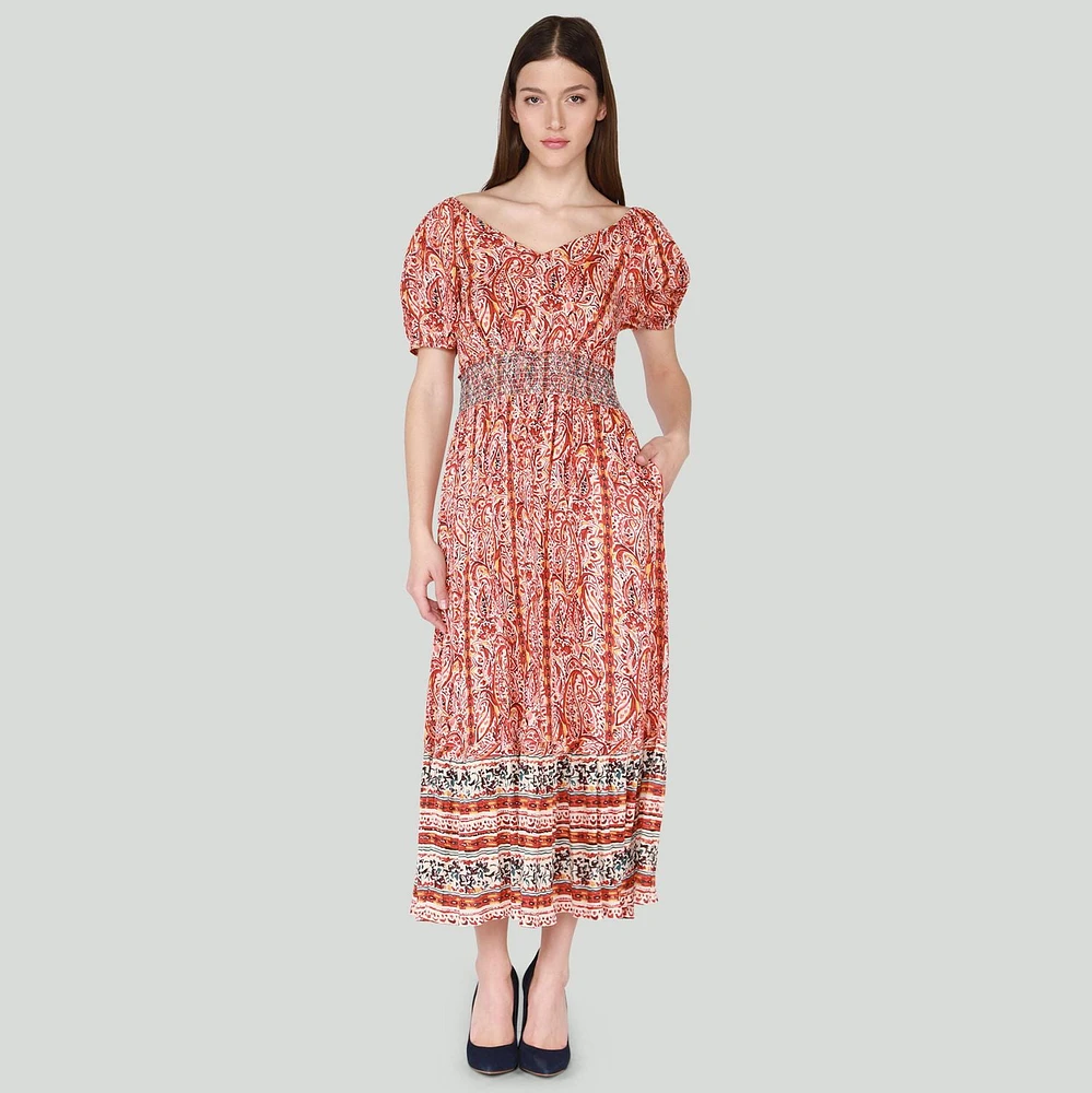 DV Maxi à taille smockée à imprimé floral avec manches courtes et ourlet à volants en gradins