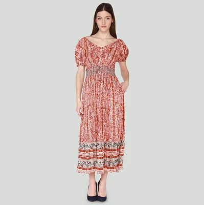 DV Maxi à taille smockée à imprimé floral avec manches courtes et ourlet à volants en gradins