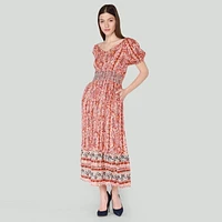 DV Maxi à taille smockée à imprimé floral avec manches courtes et ourlet à volants en gradins