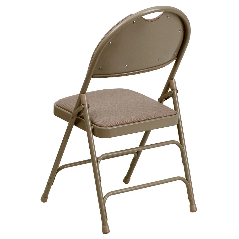 2 Pk. HERCULES Series Ultra-Premium Triple Braced Beige Fabric Metal Folding Chair with Easy-Carry Handle