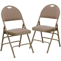 2 Pk. HERCULES Series Ultra-Premium Triple Braced Beige Fabric Metal Folding Chair with Easy-Carry Handle