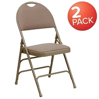 2 Pk. HERCULES Series Ultra-Premium Triple Braced Beige Fabric Metal Folding Chair with Easy-Carry Handle