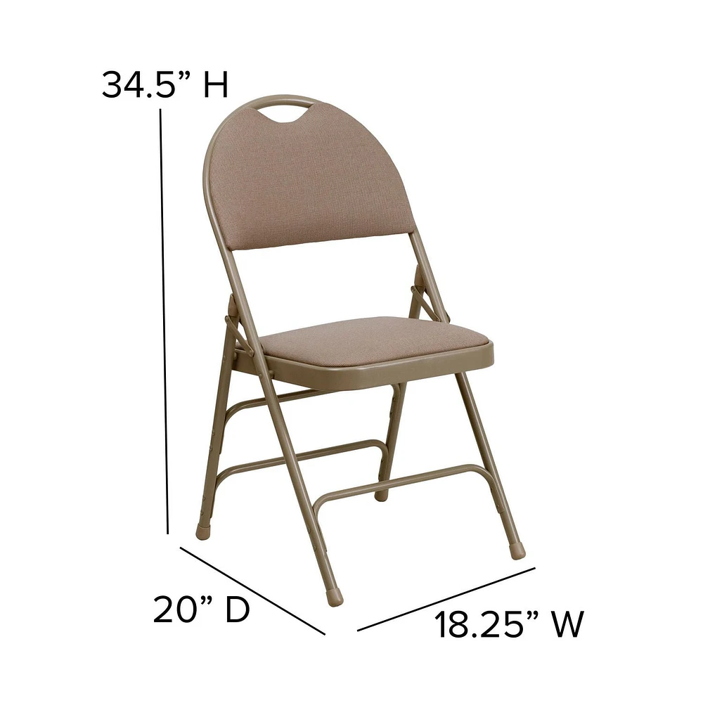 2 Pk. HERCULES Series Ultra-Premium Triple Braced Beige Fabric Metal Folding Chair with Easy-Carry Handle