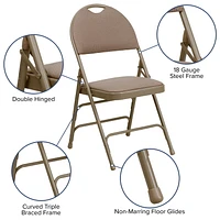 2 Pk. HERCULES Series Ultra-Premium Triple Braced Beige Fabric Metal Folding Chair with Easy-Carry Handle