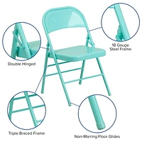 2 Pk. HERCULES COLORBURST Series Tantalizing Teal Triple Braced & Double Hinged Metal Folding Chair