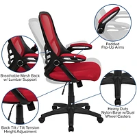 High Back Red Mesh Ergonomic Swivel Office Chair with Black Frame and Flip-up Arms