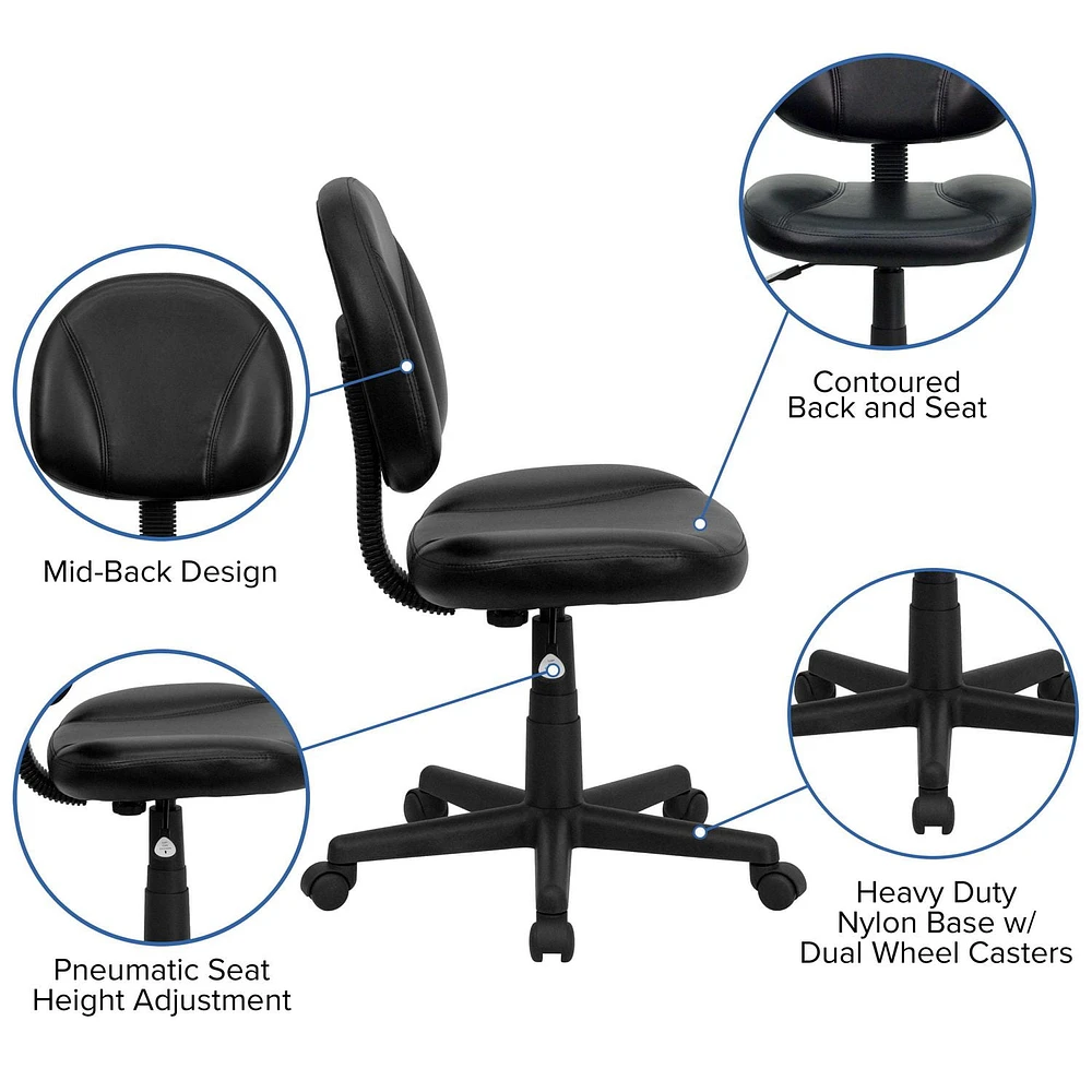 Mid-Back Black Leather Ergonomic Swivel Task Chair