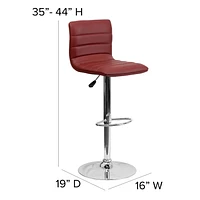 Contemporary Burgundy Vinyl Adjustable Height Barstool with Horizontal Stitch Back and Chrome Base