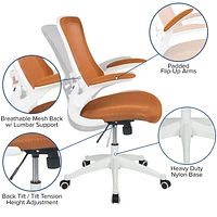 Mid-Back Tan Mesh Swivel Ergonomic Task Office Chair with White Frame and Flip-Up Arms