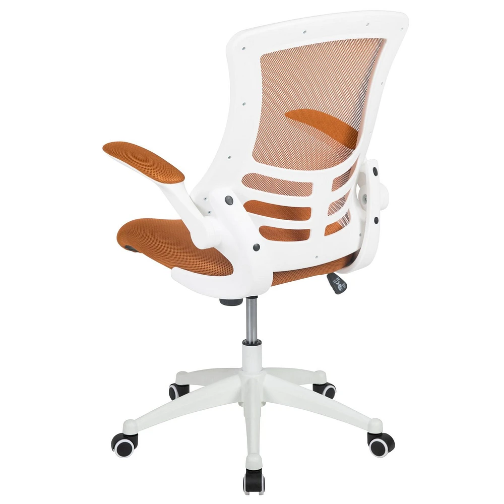 Mid-Back Tan Mesh Swivel Ergonomic Task Office Chair with White Frame and Flip-Up Arms