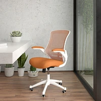 Mid-Back Tan Mesh Swivel Ergonomic Task Office Chair with White Frame and Flip-Up Arms