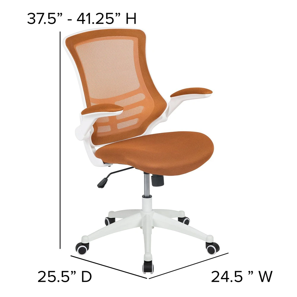 Mid-Back Tan Mesh Swivel Ergonomic Task Office Chair with White Frame and Flip-Up Arms